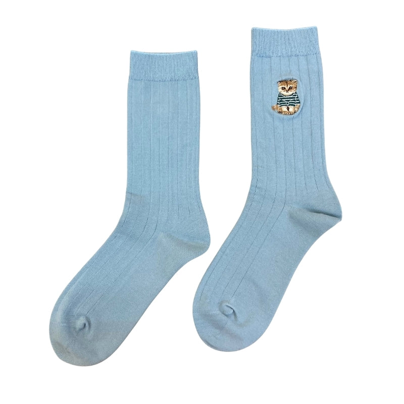 お座りヌネットボーダーT刺繍　クルー丈ソックス（サックス）