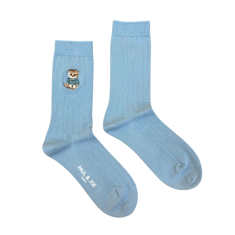 お座りヌネットボーダーT刺繍　クルー丈ソックス（サックス）