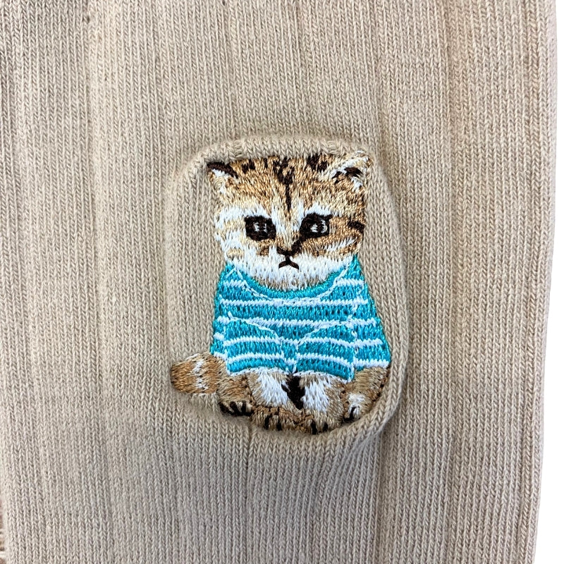 お座りヌネットボーダーT刺繍 クルー丈ソックス（ベージュ）｜ポール
