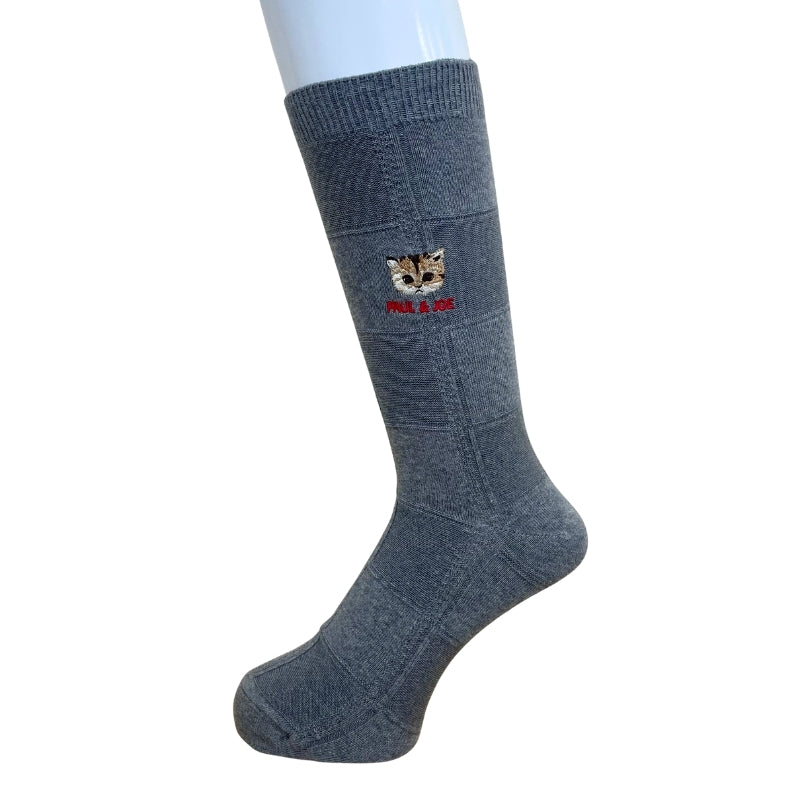 【メンズ】ブロックチェックヌネット刺繍柄　クルー丈ソックス（グレー）