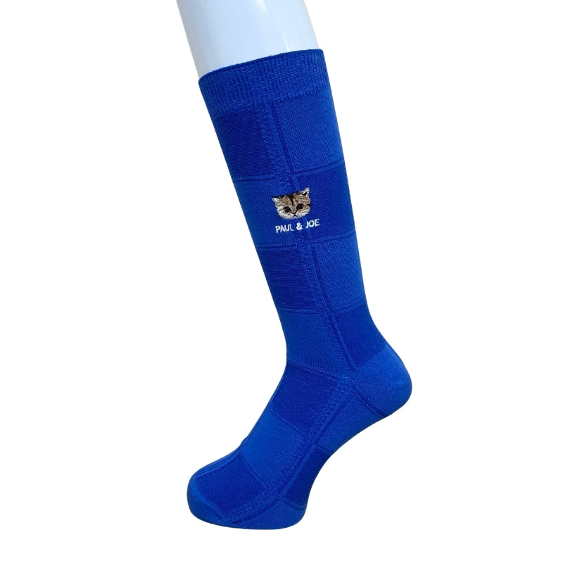 【メンズ】ブロックチェックヌネット刺繍柄　クルー丈ソックス（ブルー）