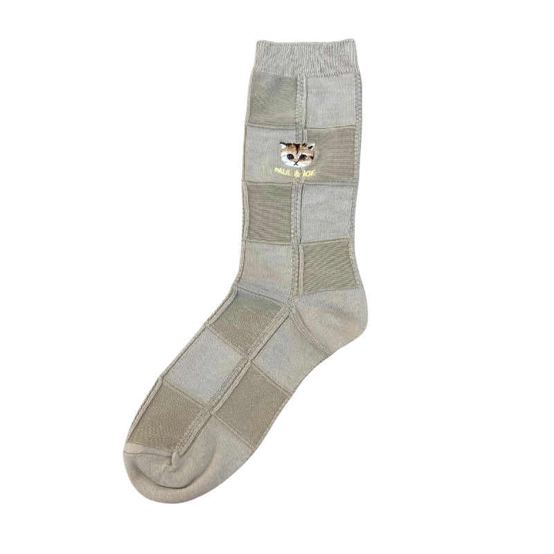 【メンズ】ブロックチェックヌネット刺繍柄　クルー丈ソックス（ベージュ）