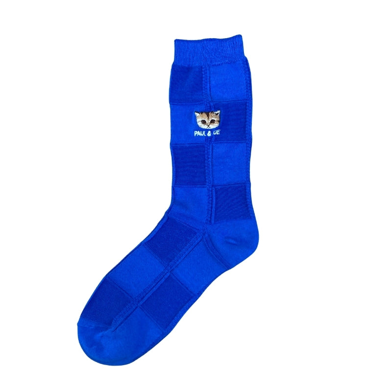 【メンズ】ブロックチェックヌネット刺繍柄　クルー丈ソックス（ブルー）