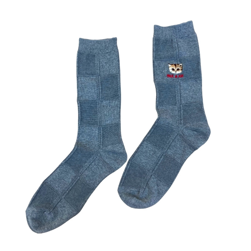 【メンズ】ブロックチェックヌネット刺繍柄　クルー丈ソックス（グレー）