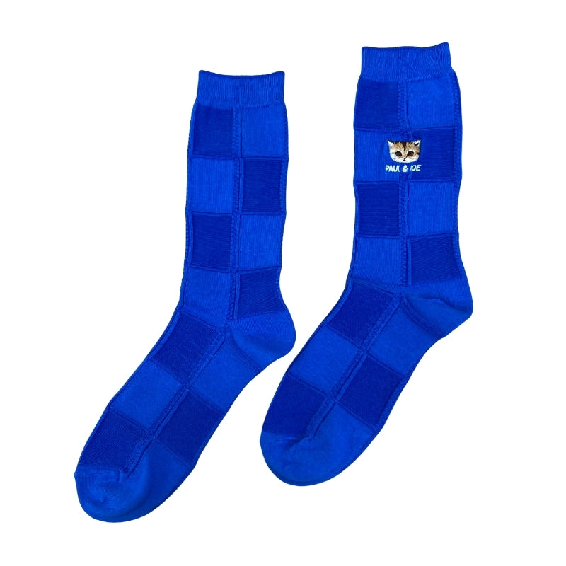 【メンズ】ブロックチェックヌネット刺繍柄　クルー丈ソックス（ブルー）