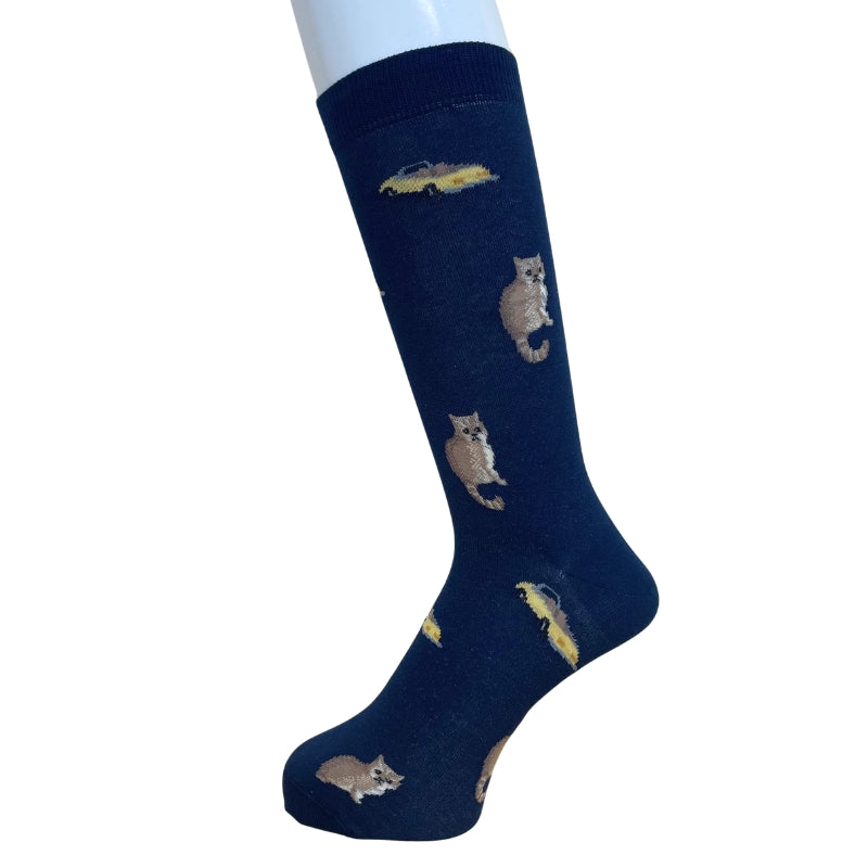 【メンズ】CAR&CAT総柄　クルー丈ソックス（ネイビー）