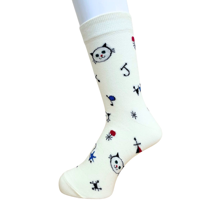 【メンズ】ART CAT 総柄　クルー丈ソックス（アイボリー）