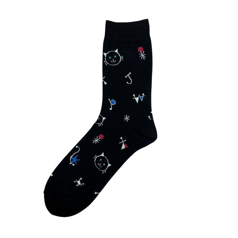 【メンズ】ART CAT 総柄　クルー丈ソックス（ブラック）