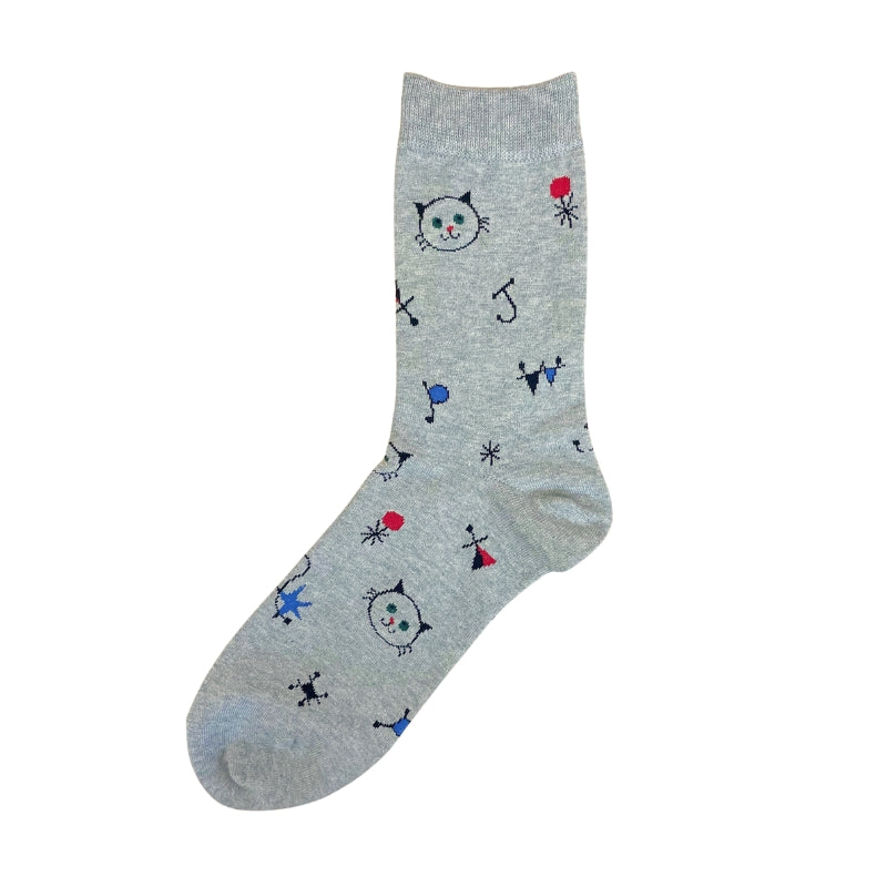【メンズ】ART CAT 総柄　クルー丈ソックス（グレー）