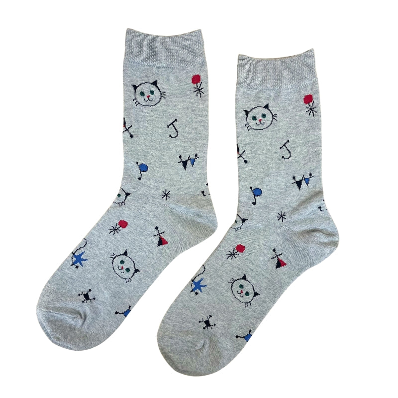 【メンズ】ART CAT 総柄　クルー丈ソックス（グレー）