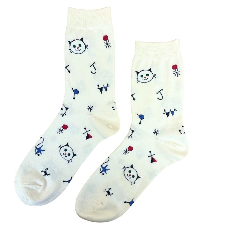 【メンズ】ART CAT 総柄　クルー丈ソックス（アイボリー）