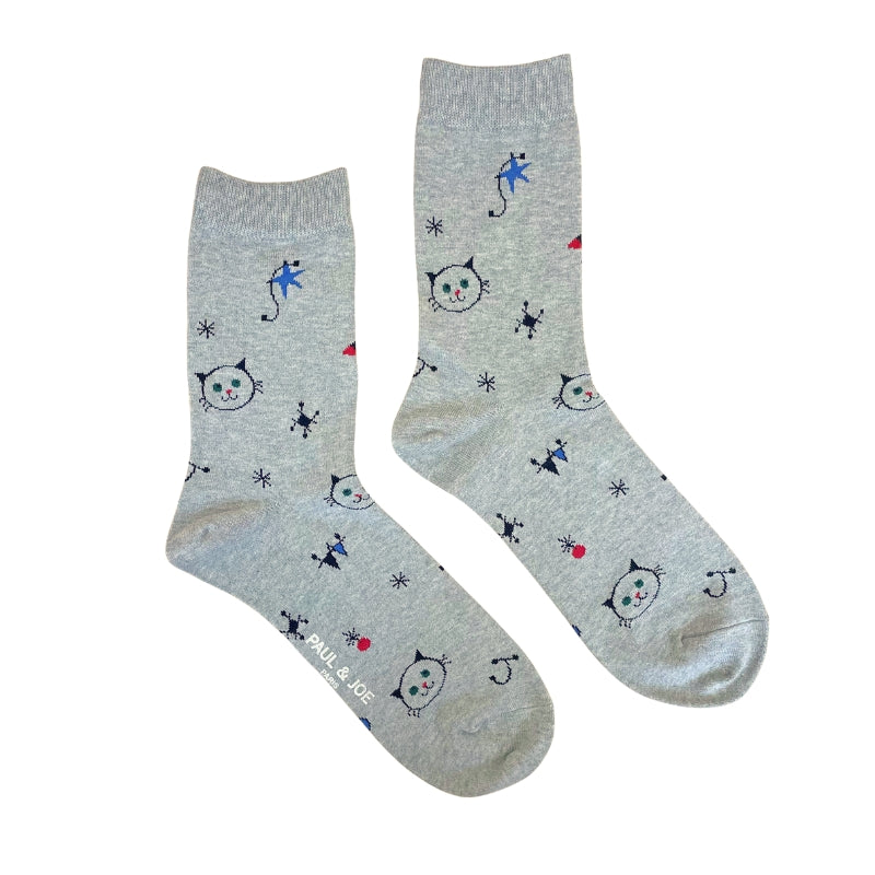 【メンズ】ART CAT 総柄　クルー丈ソックス（グレー）