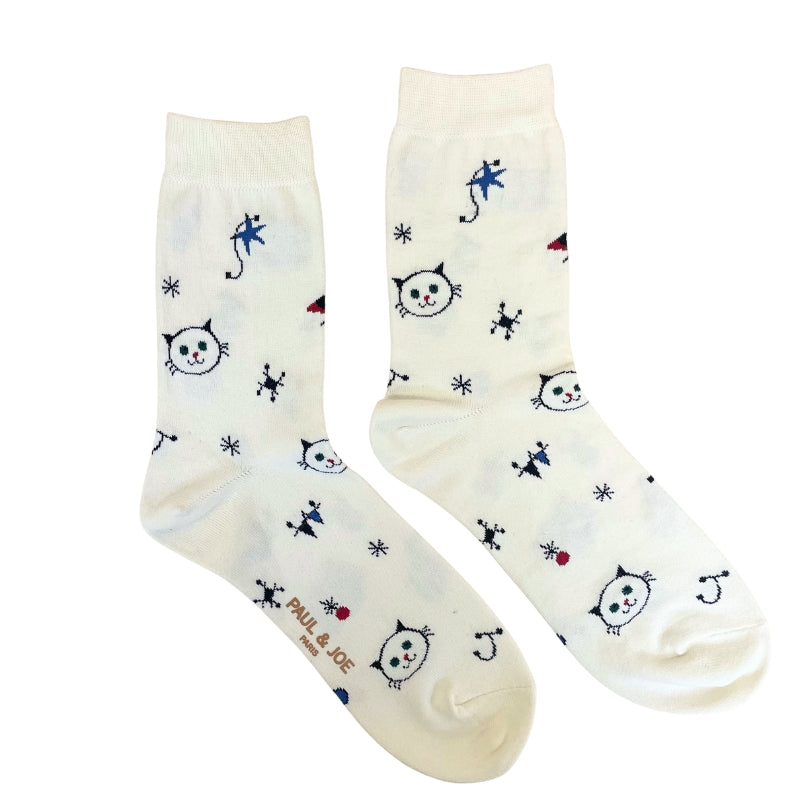 【メンズ】ART CAT 総柄　クルー丈ソックス（アイボリー）