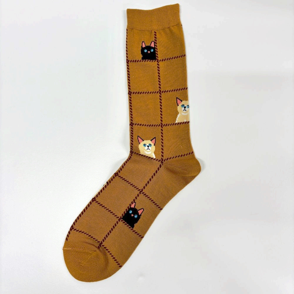 【メンズ】ウィンドウペーン猫柄　メンズソックス