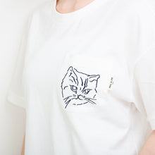 ムジTシャツ　胸ポケット猫刺繍  綿天竺 （アイボリー）