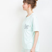 ムジTシャツ　胸ポケット猫刺繍  綿天竺 （グリーン）