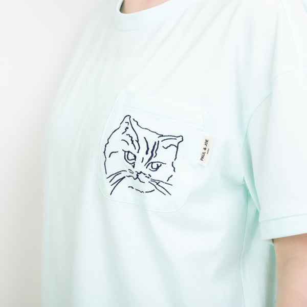 ムジTシャツ　胸ポケット猫刺繍  綿天竺 （グリーン）