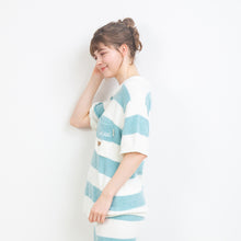 編立ニットボーダーTシャツ（ターコイズ）