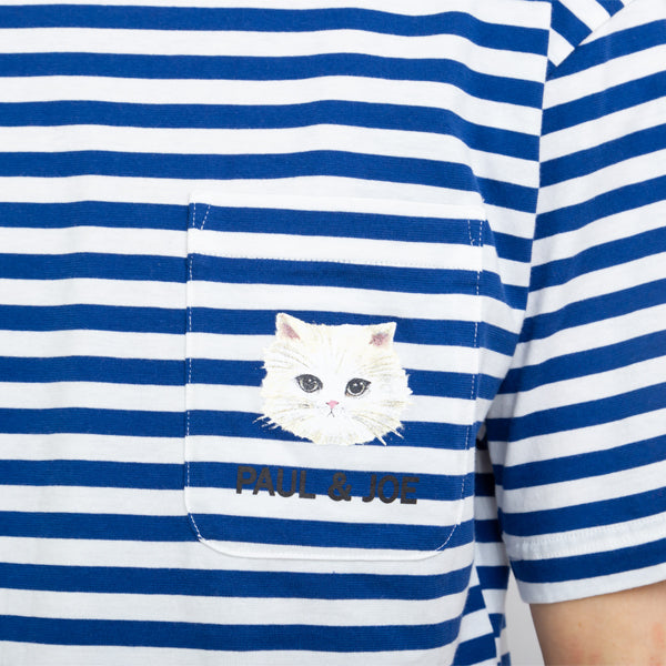 ボーダーTシャツ　胸ポケット猫刺繍  綿天竺 （ネイビー）