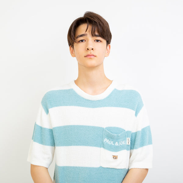 編立ニットボーダーTシャツ　 （ターコイズ）