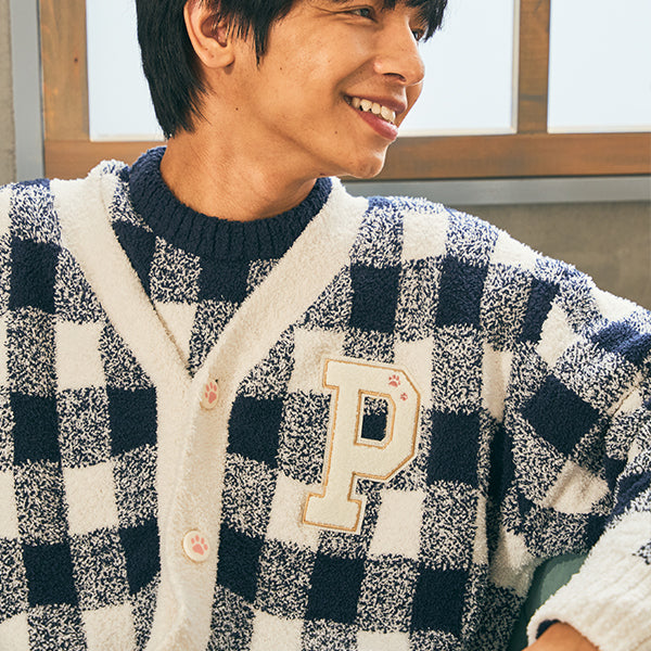 【2023年10月NEW】【メンズ】ブロックチェック　モールヤーンジャカードオーバーカーディガン（M-Lサイズ）