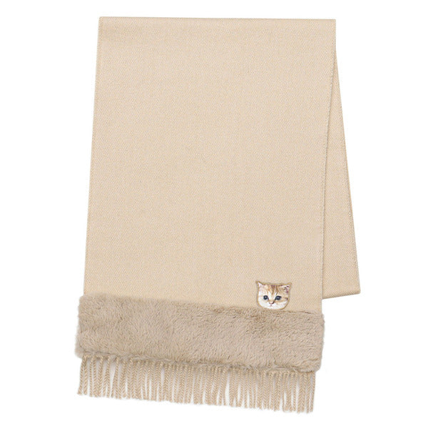 ヌネット無地×ファー付マフラー（パッケージ付）　ベージュ