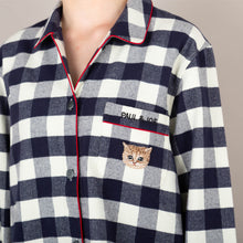 「ねこにチェック」中空糸ネル レディース ロングスリーブシャツセットアップ（ネイビー）