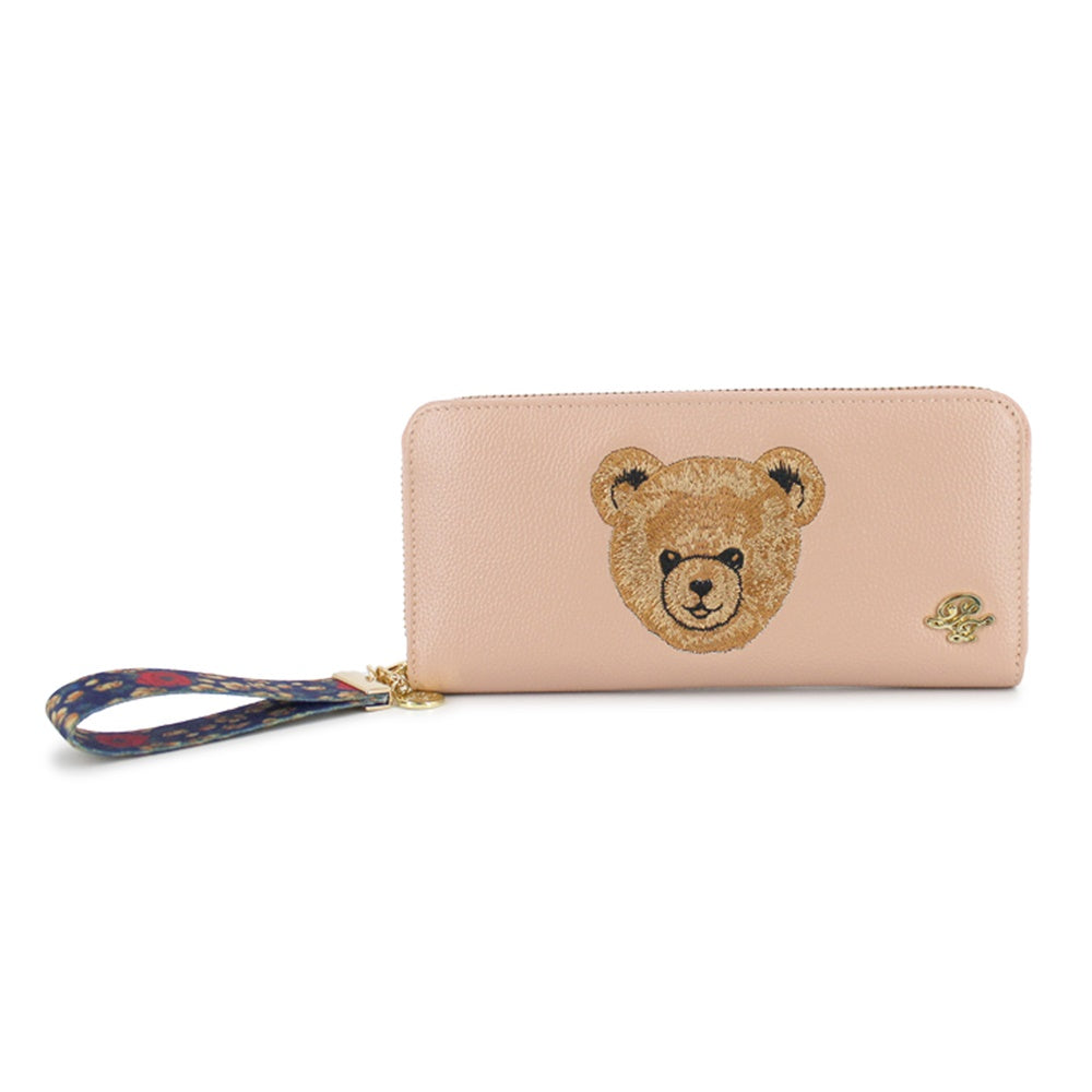 クマ刺繡　ラウンド束入れ　ピンク